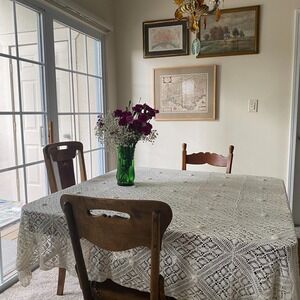 Vintage Handmade Crochet Tablecloth White Floral 3D Camelia Cottage Provence